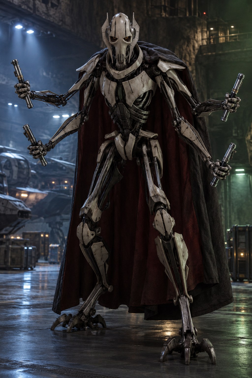 Grievous with weathered ivory armour, a heavy cape, and four articulated mechanical arms